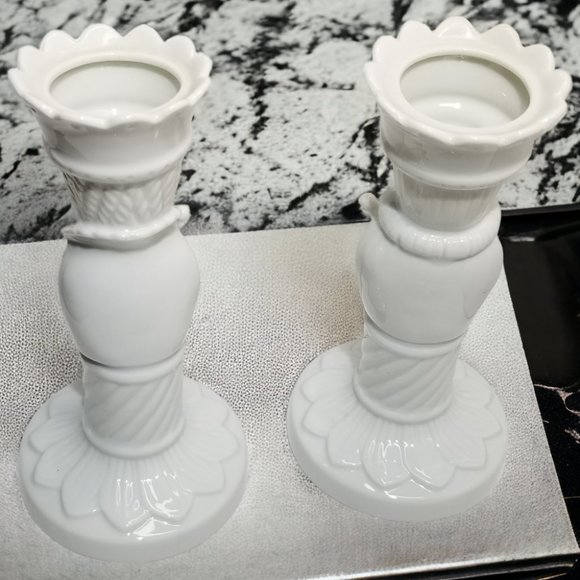 King & Queen Tappered Candle Holder Swiss Set Colum Sculpture White Porcelain - Picture 4 of 14